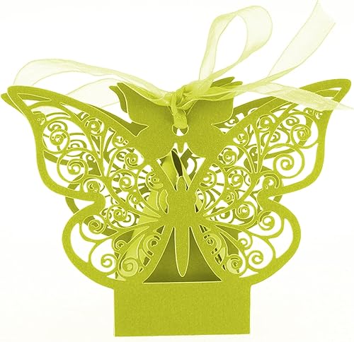 Auto-plaza 50 cajas de regalo de mariposa cortadas con láser, cajas de dulces de regalo de boda (amarillo verde)