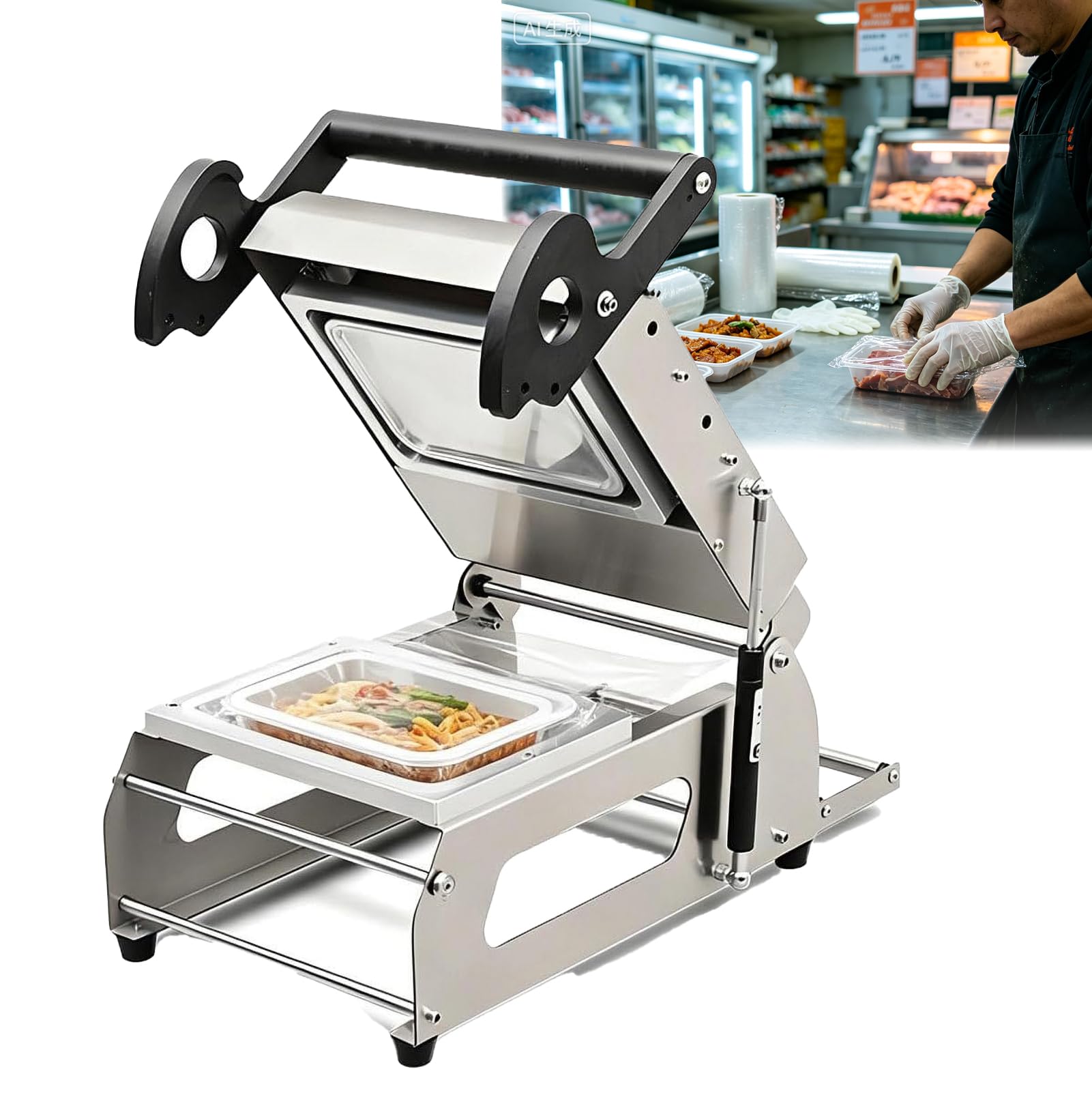 AVSMGP Commercial Food Tray Heat Sealing Machine, Stainless Steel Semi-Automatic Tray Food Sealing Machine- 7-8 Seals/Min for Restaurants, Delis, And Seafood Markets