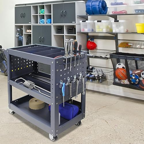 Miniatura 7 de Carrito de herramientas rodante de 3 niveles con 6 divisores, paneles de malla y estante para destornilladores, capacidad de 500 libras, 32.5 x 31.5