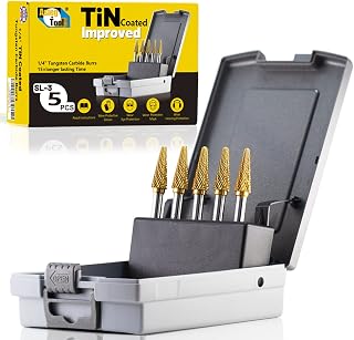 SL-3 5pcs Tungsten Carbide Burr TiN Rotary File Taper Shape with Radius End Double Cut with 1/4"Shank for Die Grinder Drill Bit
