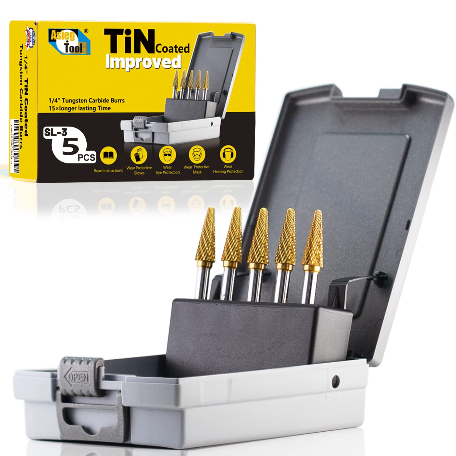 SL-3 5pcs Tungsten Carbide Burr TiN Rotary File Taper Shape with Radius End Double Cut with 1/4" Shank for Die Grinder Drill Bit