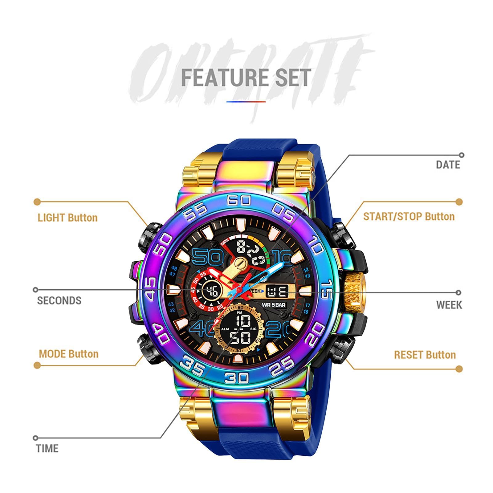 findtime Relojes coloridos para hombre 5ATM resistente al agua reloj digital con doble hora 12/24H indicador LED fecha cronómetro reloj grande para hombre moderno diseño militar