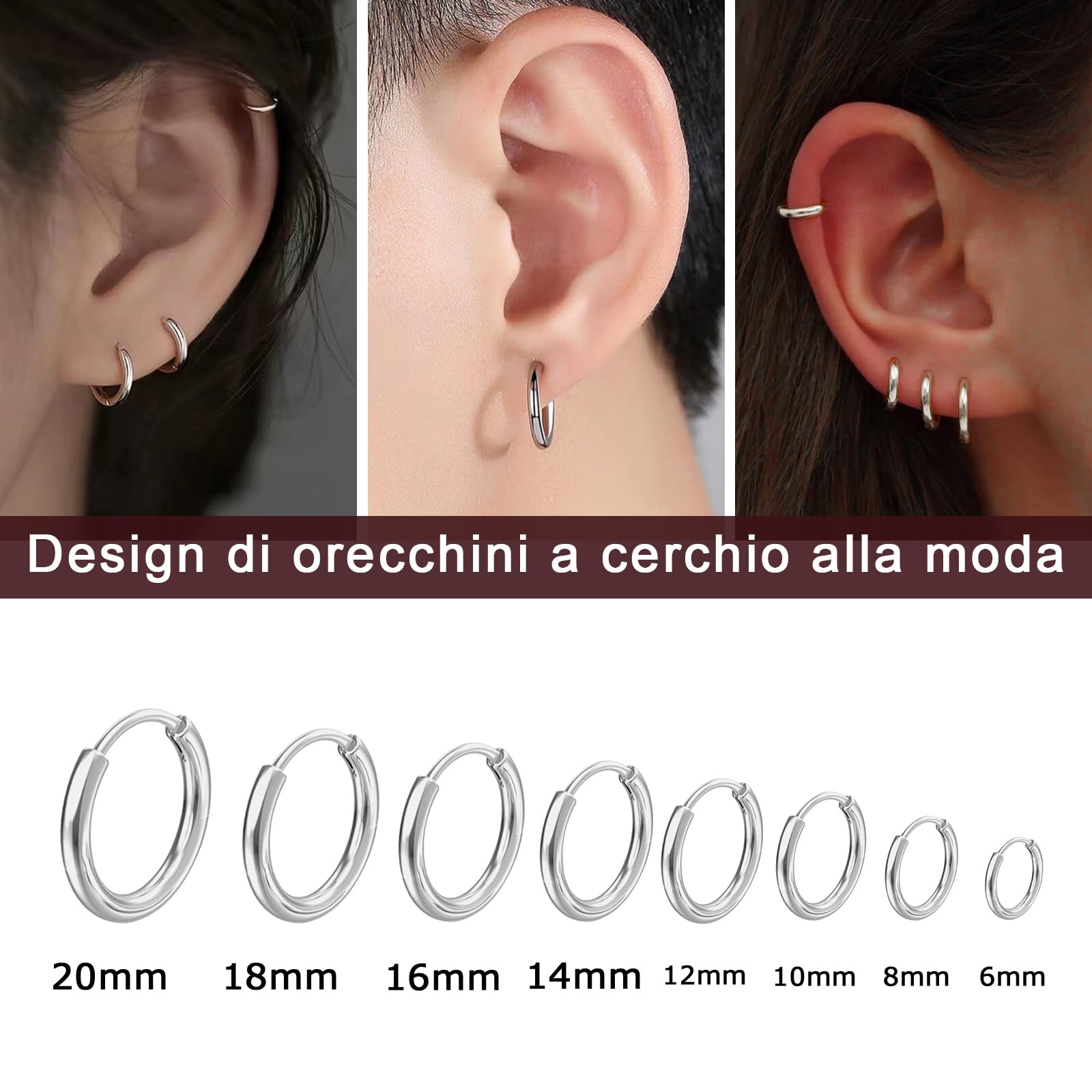 8 Paia di Orecchini in Acciaio Inossidabile per Uomini e Donne, Piccoli Cerchi Chirurgici Ipoallergenici e Leggeri, Argento 6-20mm