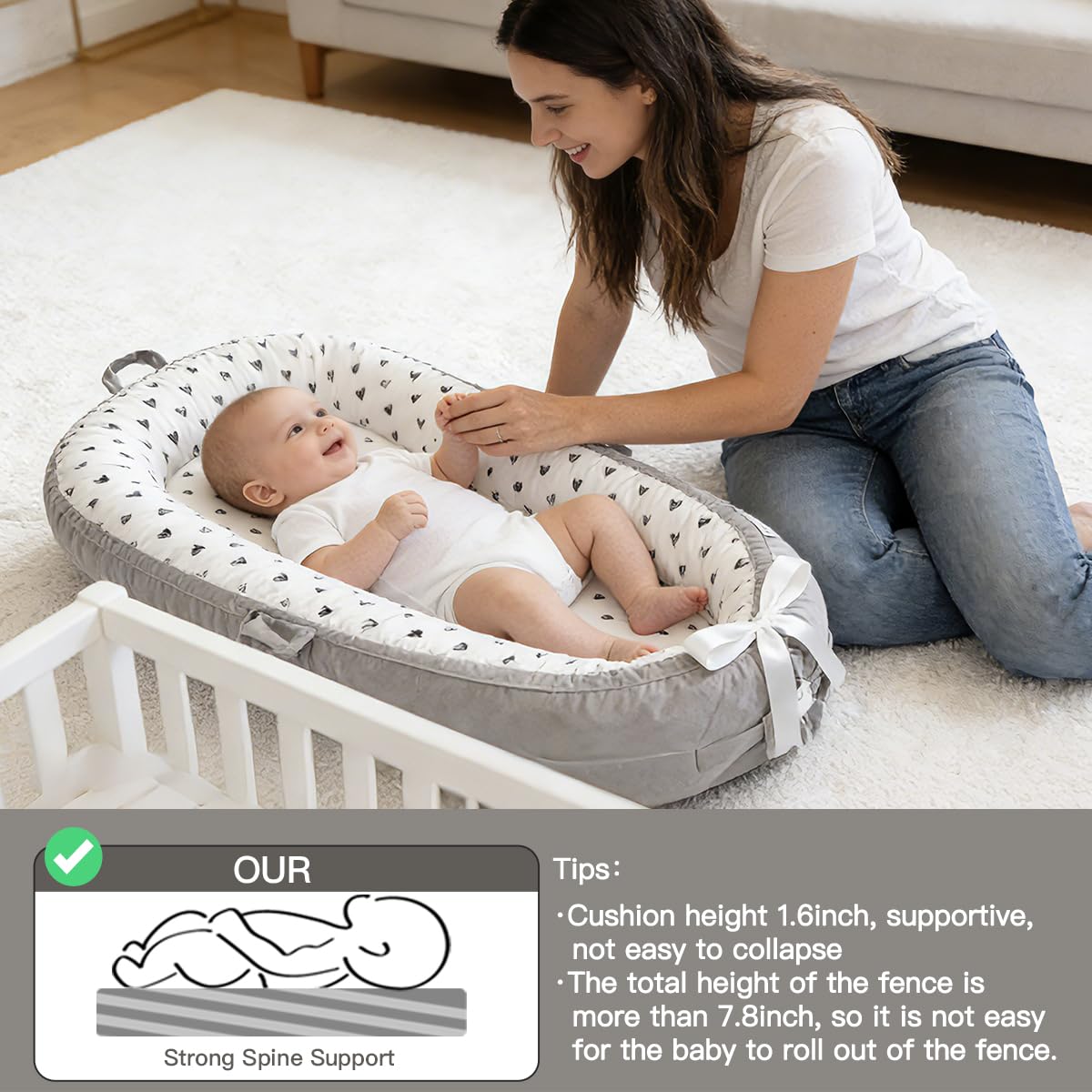 Baby Lounger | Organic Cotton Infant Support Cushion | Reversible, Adjustable & Portable Floor Lounger | Soft, Breathable, Washable Cover