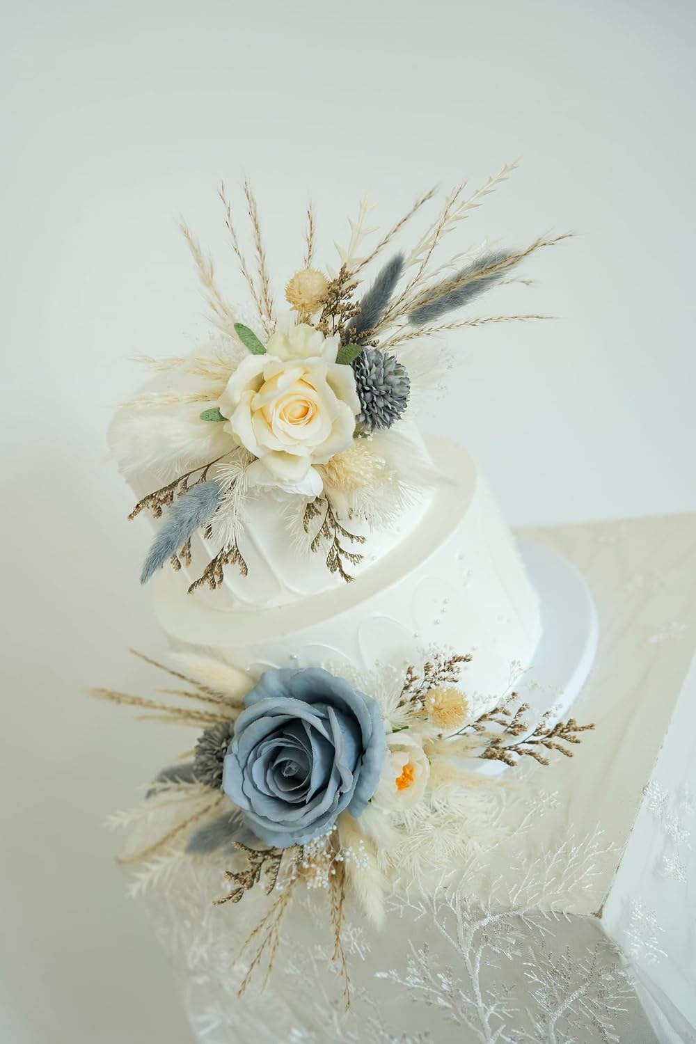 A Set of Two Wedding Cake Topper,Artificial flowers,White & Gray-Blue Floral Pampas Decoration,Cake Decoration, Wedding cake arrangement