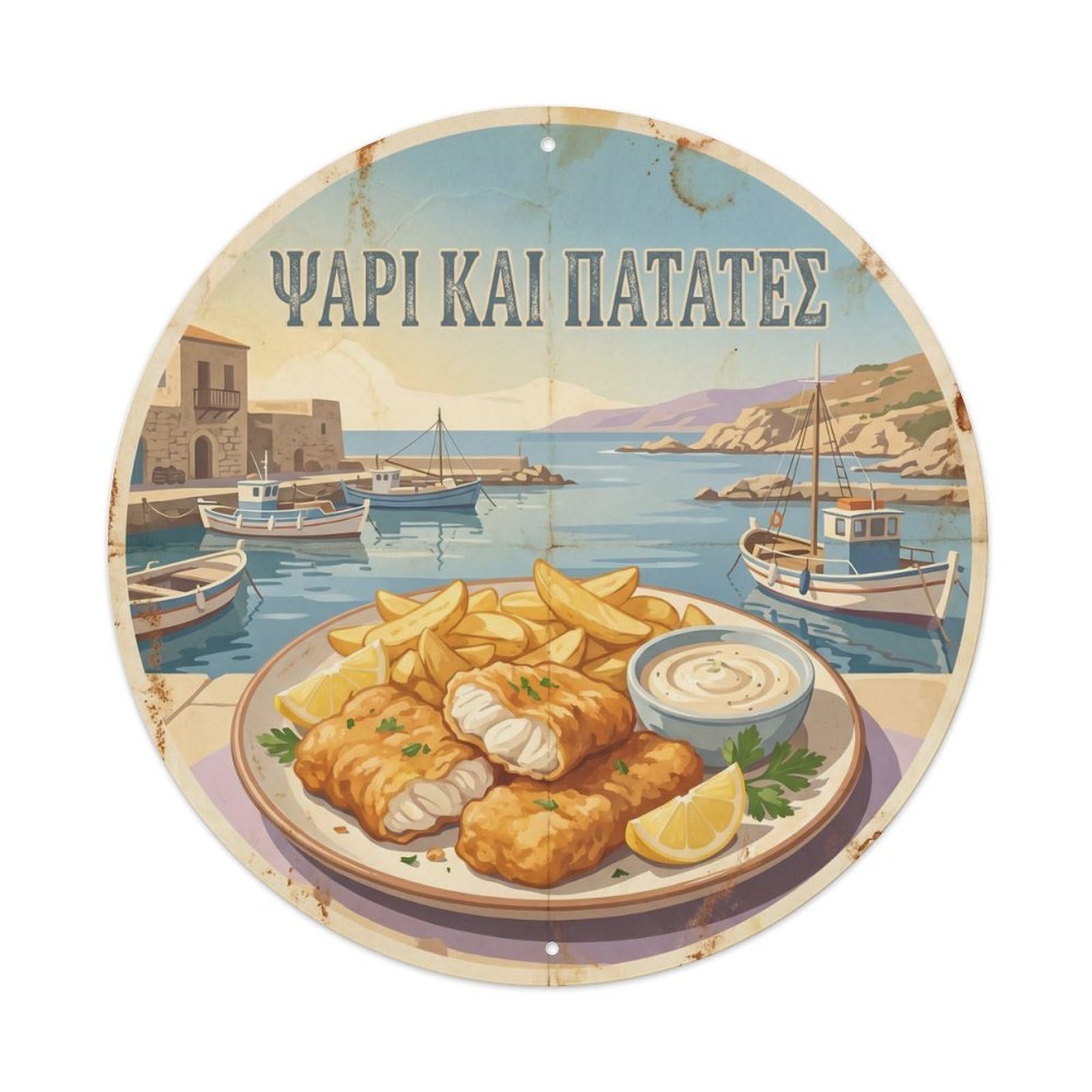 Cyprus Coastal Fish Chips Classic Food Culture Metal Tin Sign