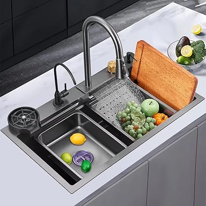 INKSPOT 304 Grade Stainless Steel Kitchen Sink with Integrated Waterfall, Pull-down Faucet, 76.2 x 45.7 x 25.4 cm, Anti Scratch Design, Cup Washer, Drain Baskets (30