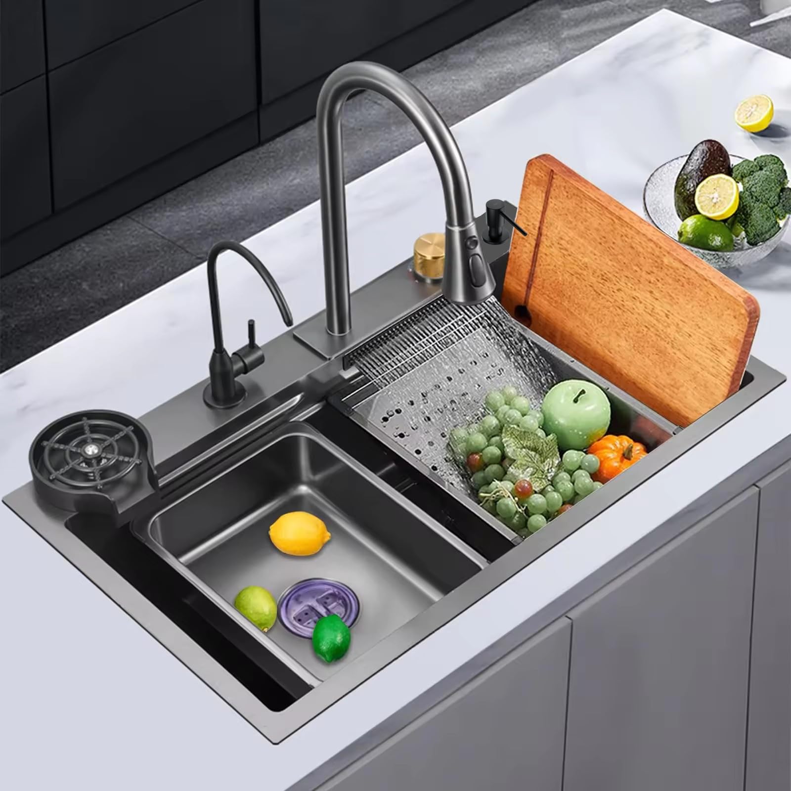 INKSPOT 304 Grade Stainless Steel Kitchen Sink with Integrated Waterfall, Pull-down Faucet, 76.2 x 45.7 x 25.4 cm, Anti Scratch Design, Cup Washer, Drain Baskets (30" x 18" x 9") (B0D9DJQ7NR) Amazon Price History, Amazon Price Tracker