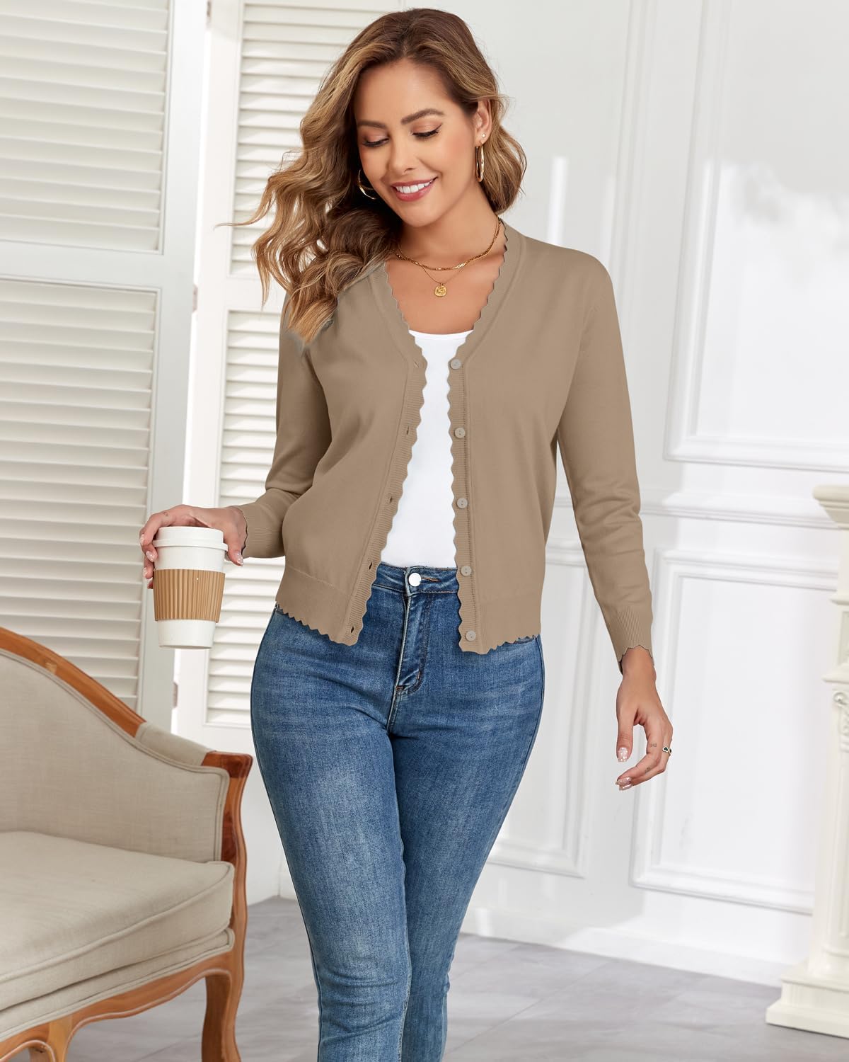 Womens Long Sleeve V-Neck Button Down Cardigan Knit Shrugs Sweater - Image 3
