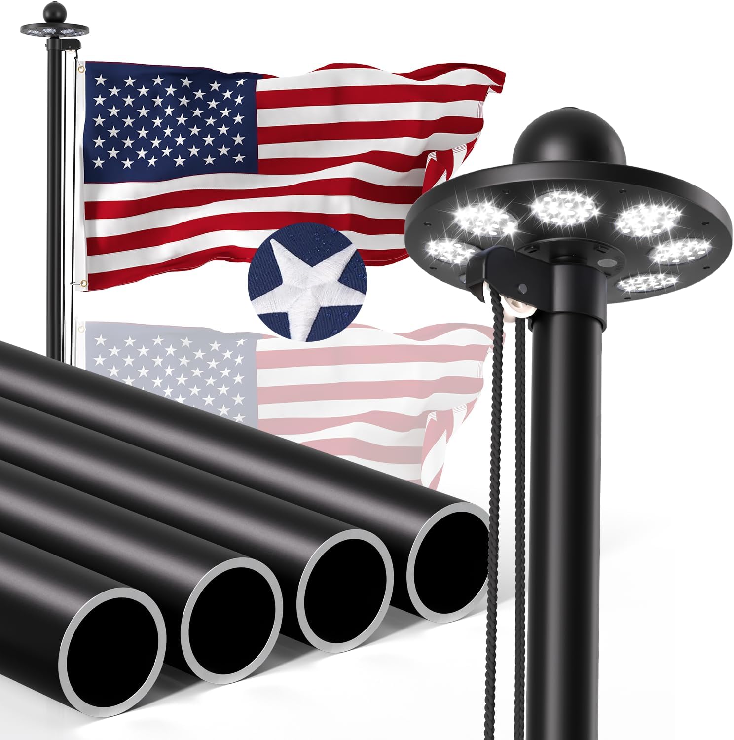 Heavy Duty Flag Pole Kit with 136 LED Ultra Bright Solar Light, 20FT 12 Gauge Thick Flagpole for Outside House in Ground, 300D Thickened USA Flag for Outdoor, 100 MPH Flagpole Kit, Black