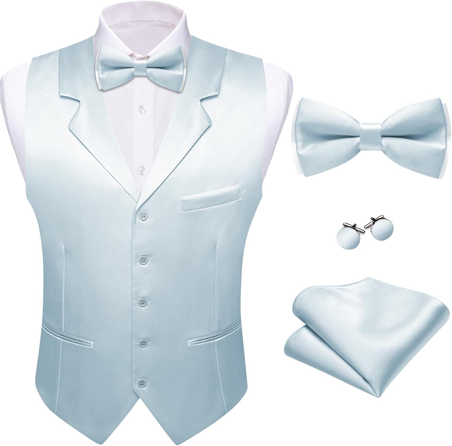 Barry.Wang Mens Suit Vest Bowtie Set Lapel Collar Formal Waistcoat Cufflinks Pocket Square Business Tuxedo Wedding Party 5PC