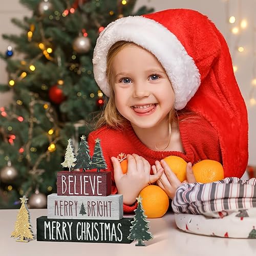 Miniatura 3 de Smile 6 Piezas Decoración de Interior de Navidad, Letreros de Madera Decoración de Mesa, Believe Merry Bright Árboles de Navidad, Ornamentos de