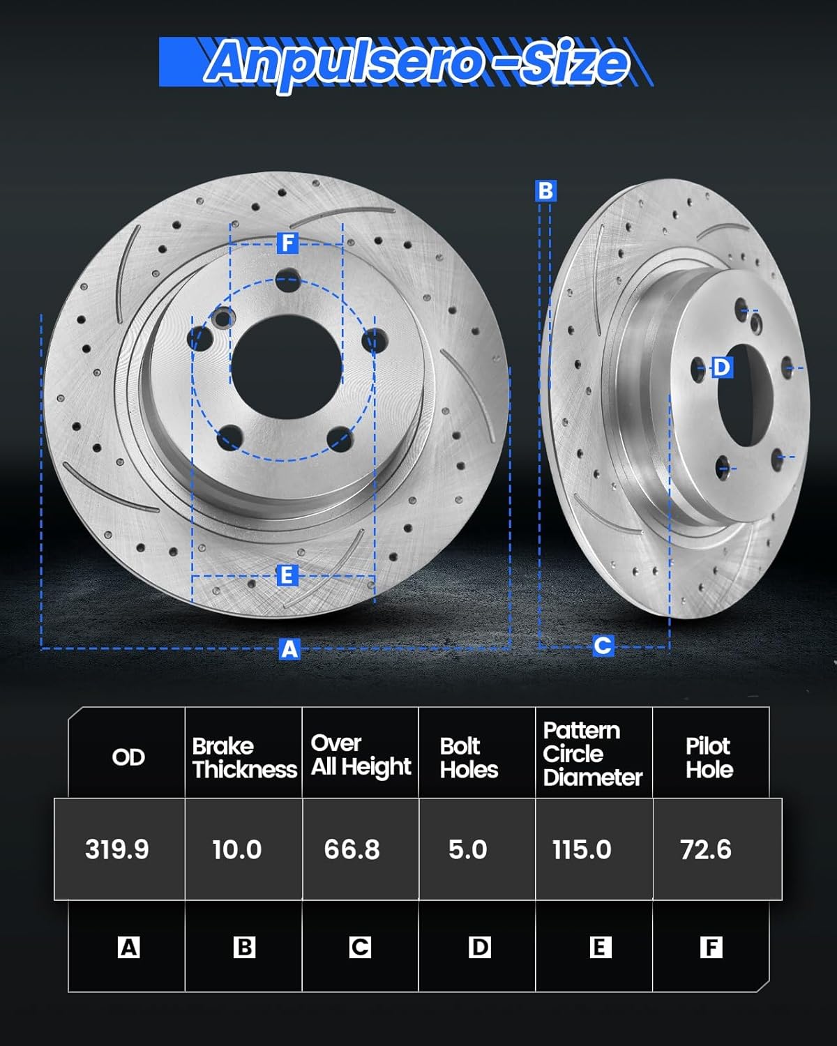 anpulsero brake pads and rotors kit rear compatible with 2006-2020 dodge charger, 2009-2018/2020 challenger, automotive replacement brake kits 53021 d1057-7964 drilled and slotted rotors 320mm(12.6in) rear - 53021 & d1057-7964 (drilled slotted)