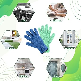 2Pcs Microfiber Dusting Gloves for Plant Dusting and Garden Care, Reusable Washable Leaf Cleaning Gloves Mittens for Car Blinds Furniture House and Small Objects (Green, Blue)