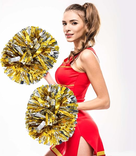 Colexy Pompones de Animadora, 2 Piezas Cheer Leader Poms Animadora Poms, Cheerleading Pom Poms Metallic Cheers Bola de Flores con Mango, para Competición Deportiva, Celebración Navideña - 3