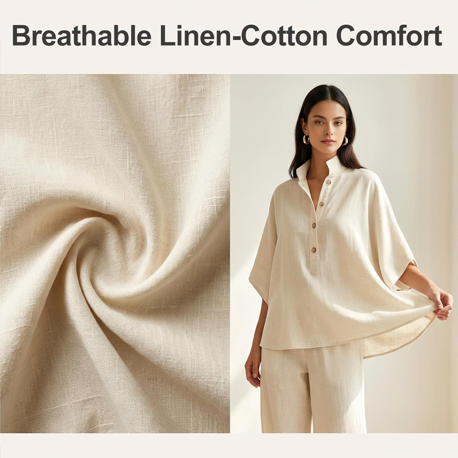 Casual Batwing Sleeve Linen and Cotton Shirt and Trousers Two-Piece Set, Women’s Batwing Sleeve Linen Cotton Two-Piece Set