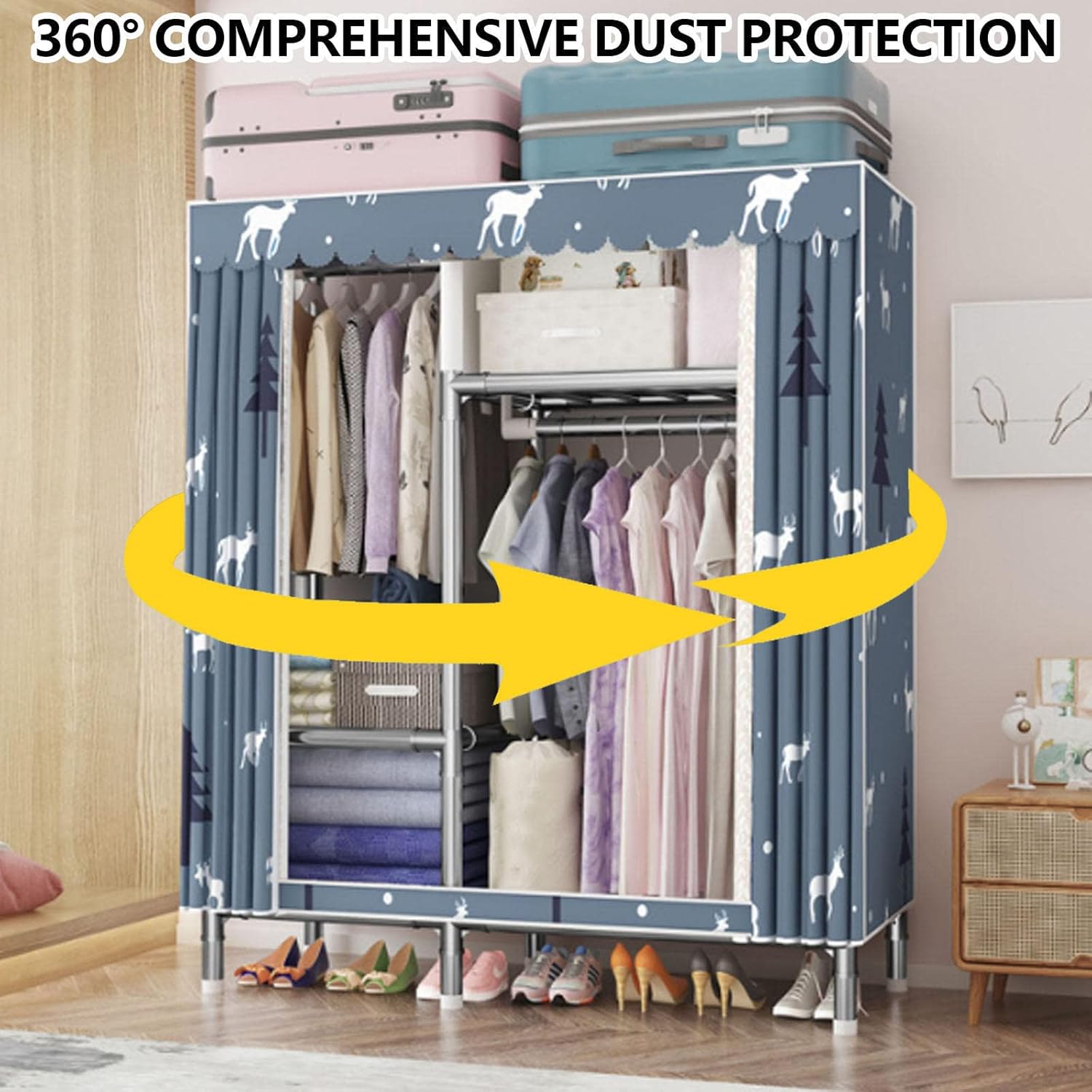 Wardrobe, Portable Canvas Wardrobe Shelves, Fabric Clothes Closet Storage Organizer with Hanging Rail, Shelves for Bedroom,B-130X45X170cm