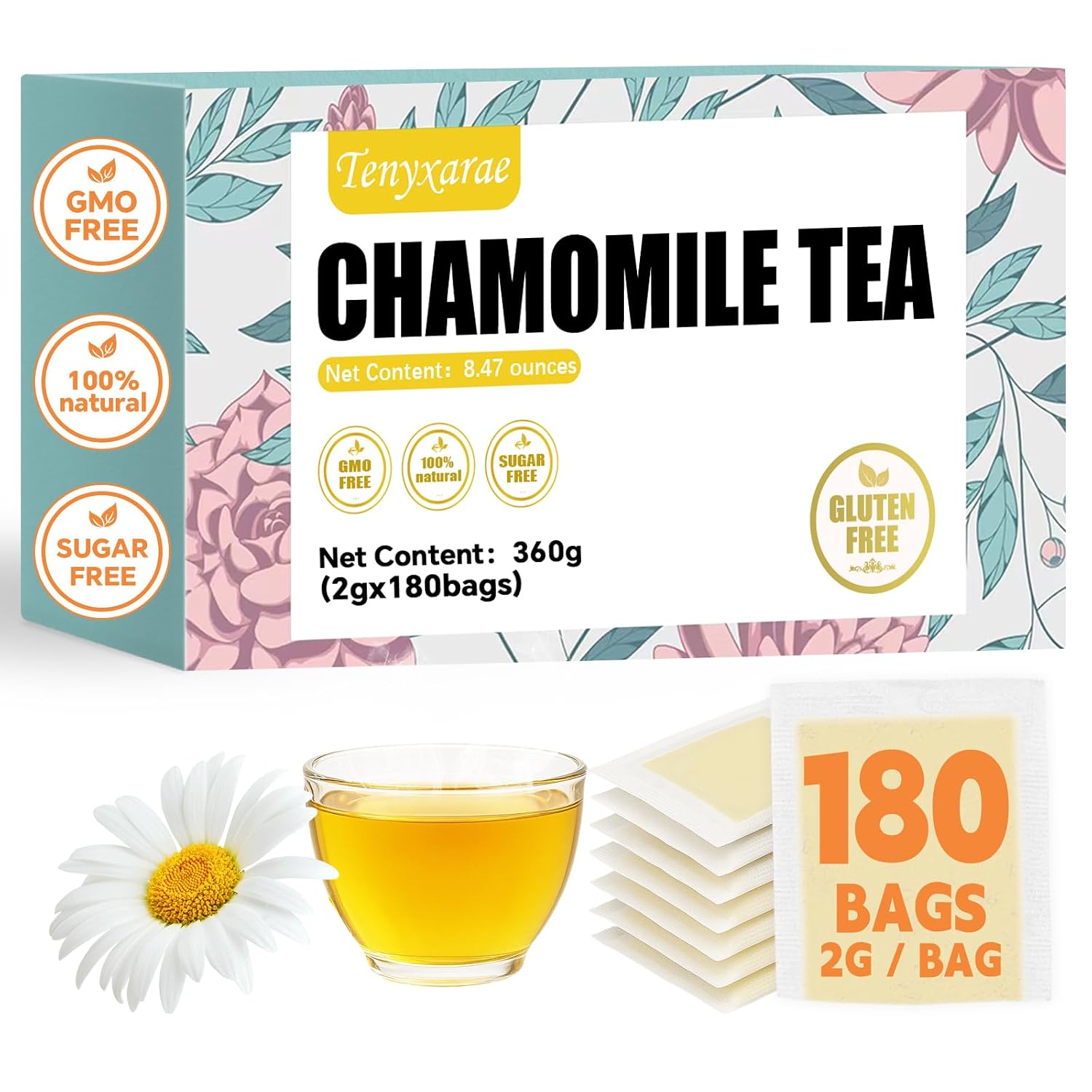 Chamomile Tea Bags–180 Tea Bags (2g/Bag), Made from 100% Natural Chamomile Flowers | Helps with Digestion and Improve Sleep | Caffeine-Free | Sugar-Free | Gluten-Free | Vegan | Eco-Friendly Tea Bags