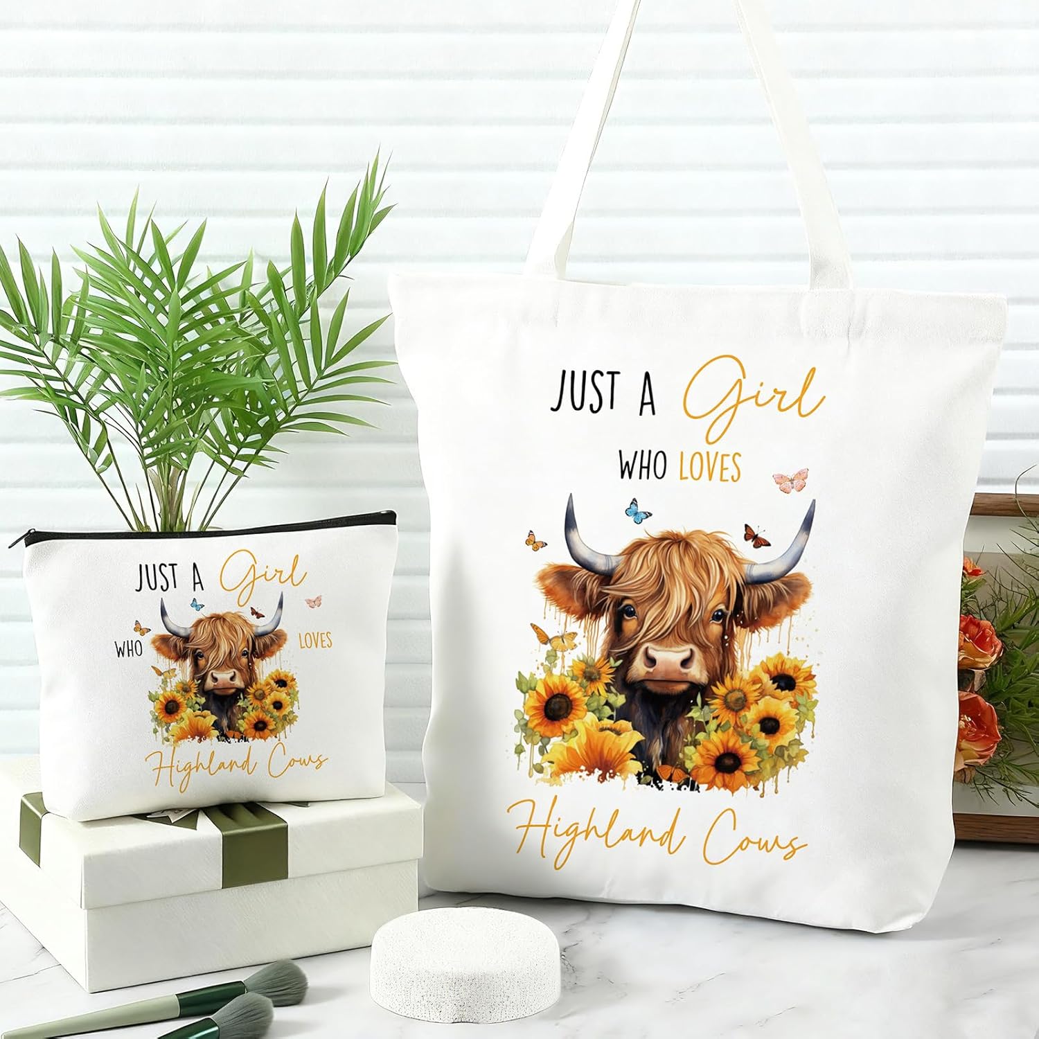 Sinmoe 5 Pcs Highland Cow Gift Set Women Christmas Highland Cow Lovers Stuff Canvas Tote Bag Makeup Bag Keychain Notebook Pen(Bean Paste,Stylish) - Image 2