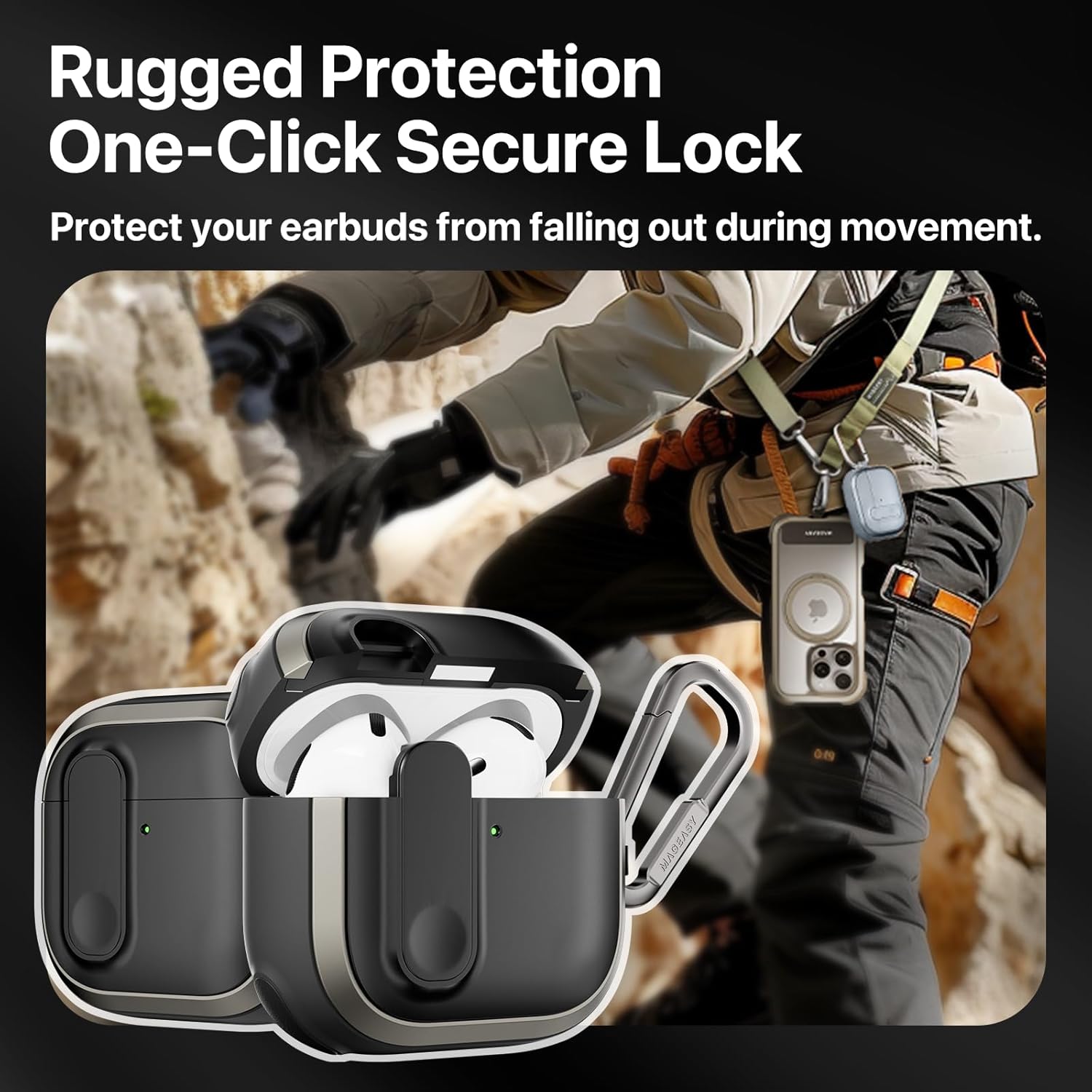 MAGEASY Odyssey AirPods 4 Case Cover (Color: Sand-Brown) Rugged with Secure Lock, Carabiner Clip for Drop Protection, Wireless Charging Compatible Apple AirPod 4th Generation