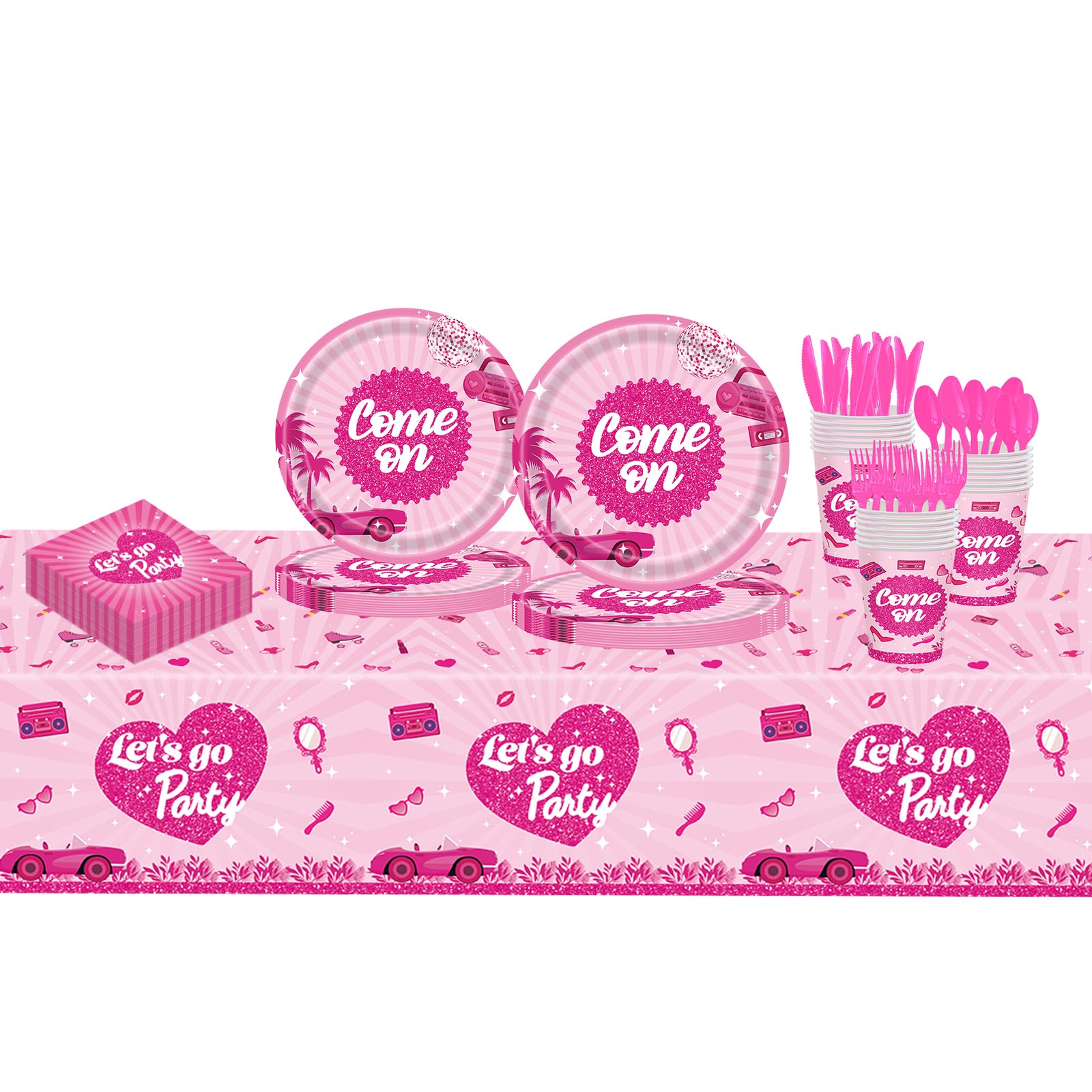 141 Pcs Let's Go Party Birthday Party Supplies, Include Cups, Plates, Napkins, Knife and Fork, Tablecloth for Pink Girl Party Decorations