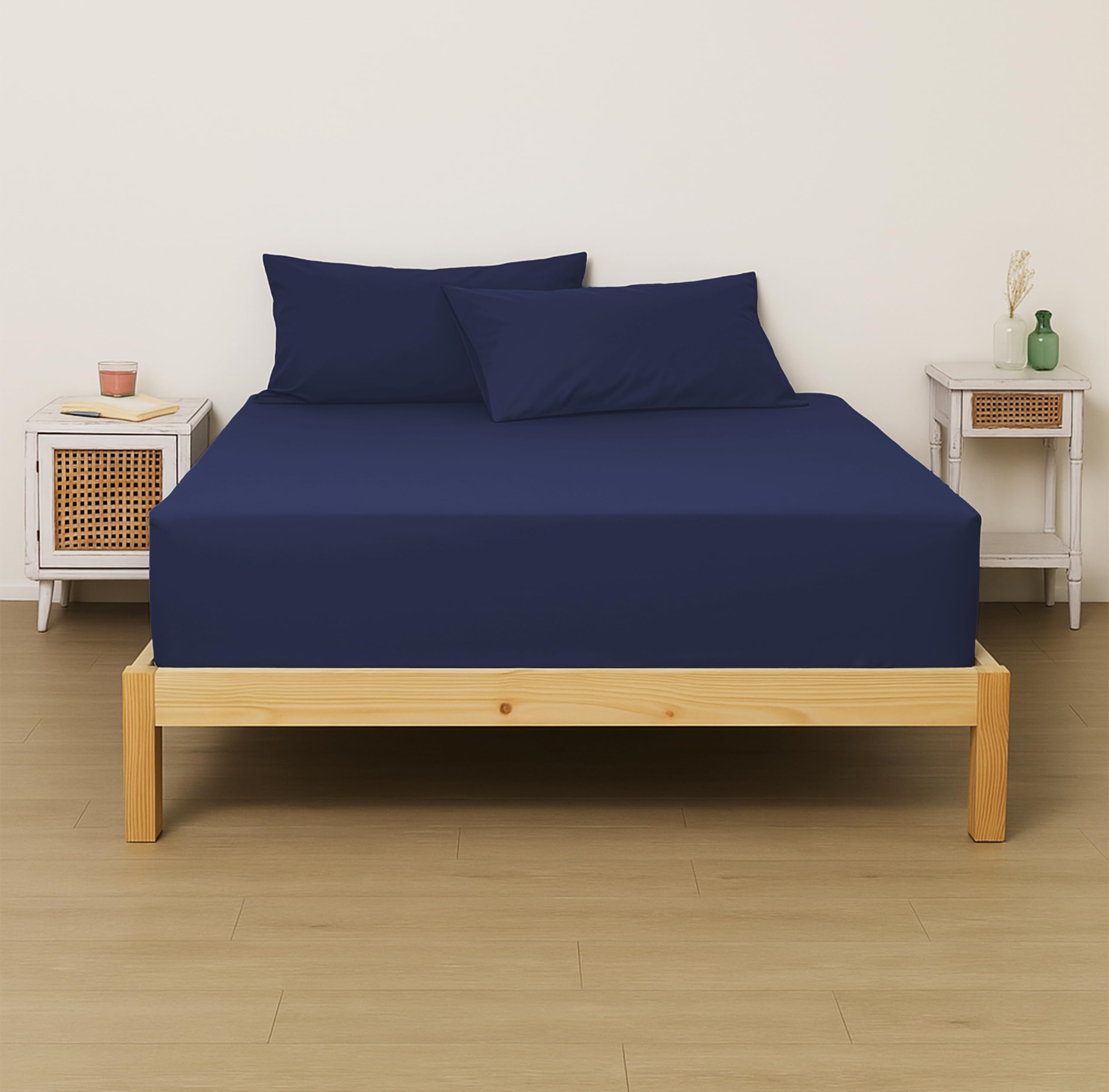 LINENWALAS 100% Cotton Percale Fitted Bed Sheet with Pillow Covers | Soft, Cool & Crisp Hotel Quality Elastic Bedsheet | Queen Bed Size - 300 TC (60x78 Inches, Indigo)