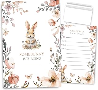 Floral Bunny Birthday Invitation for Girls, Rabbit Birthday Invites, 30 Sets with Envelopes