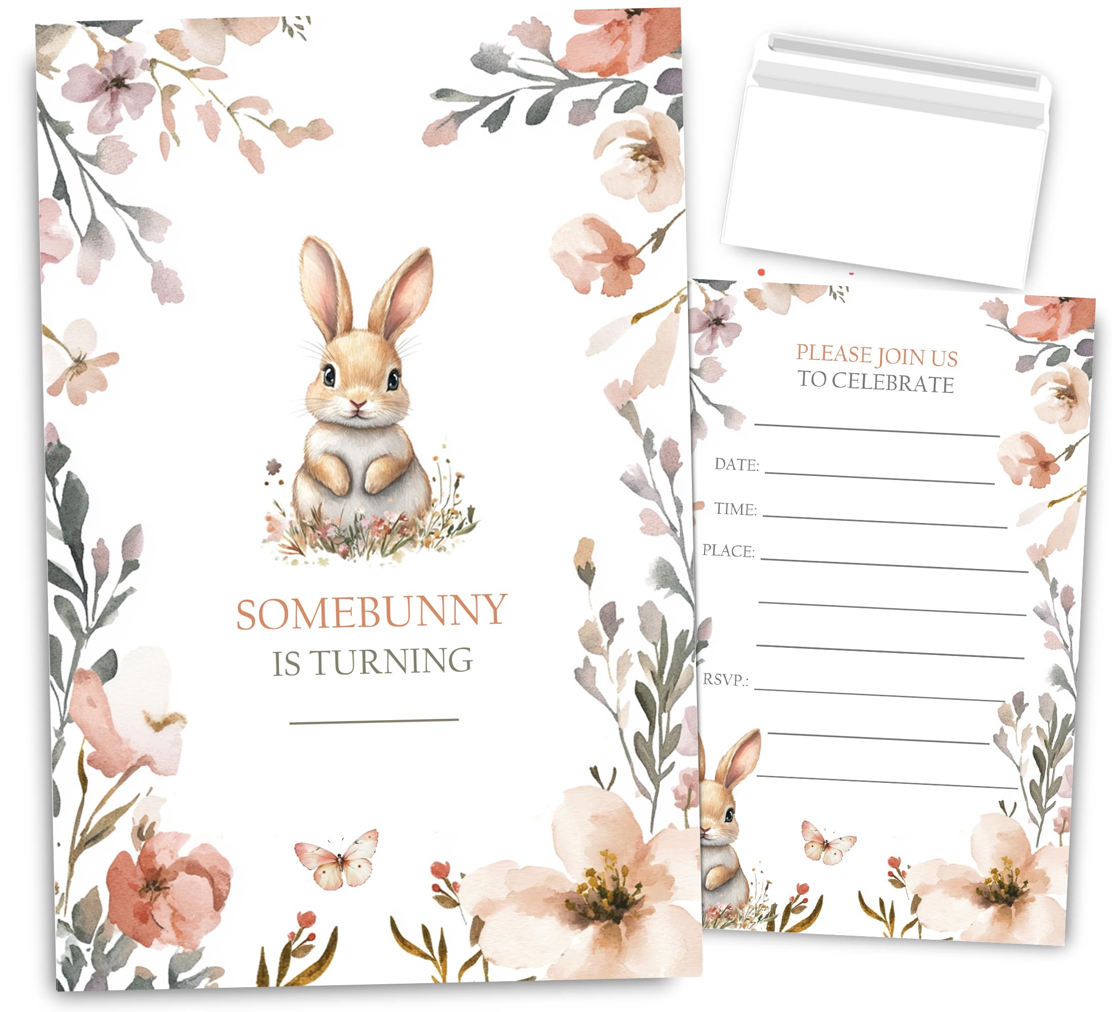 VAVINCI Floral Bunny Birthday Invitation for Girls, Rabbit Birthday Invites, 30 Sets with Envelopes