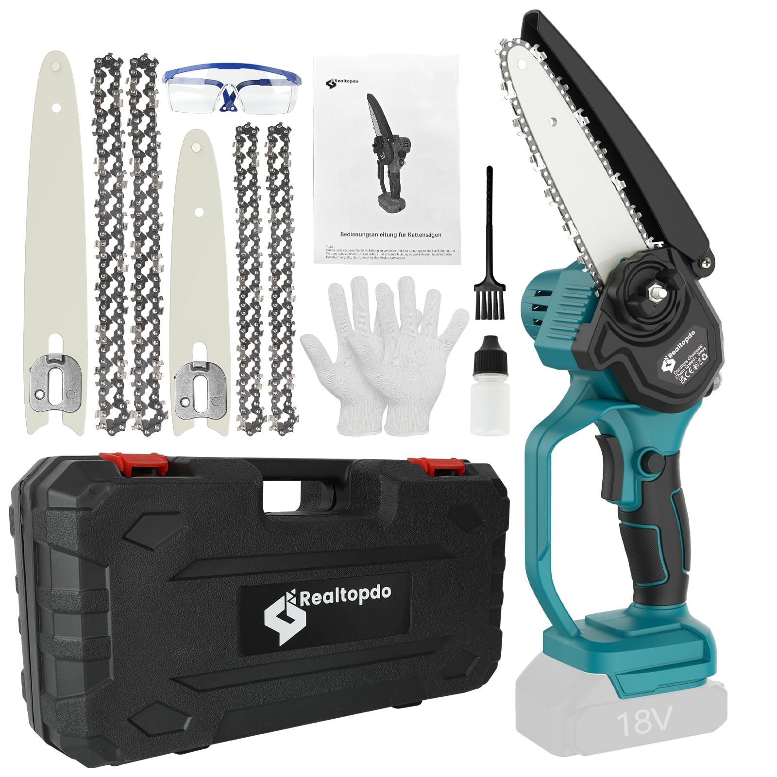Realtopdo Mini Kettensäge 15 cm und 20 cm Astsäge kompatibel mit Makita 18V Akku, Bürstenlose Akku-Kettensäge mit Automatischer Öler, Werkzeuglose Kettenspannung für Gartenscheren (ohne Akku)