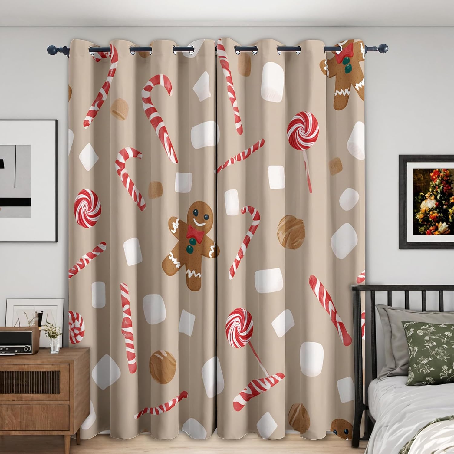 Christmas Bedroom Curtains 63 Inch - Xmas Candy Cane Gingerbread Man Printed Living Room Curtains, Christmas Home Decor Blackout Window Drapes with Grommet, 2 Panels Set - HL2601