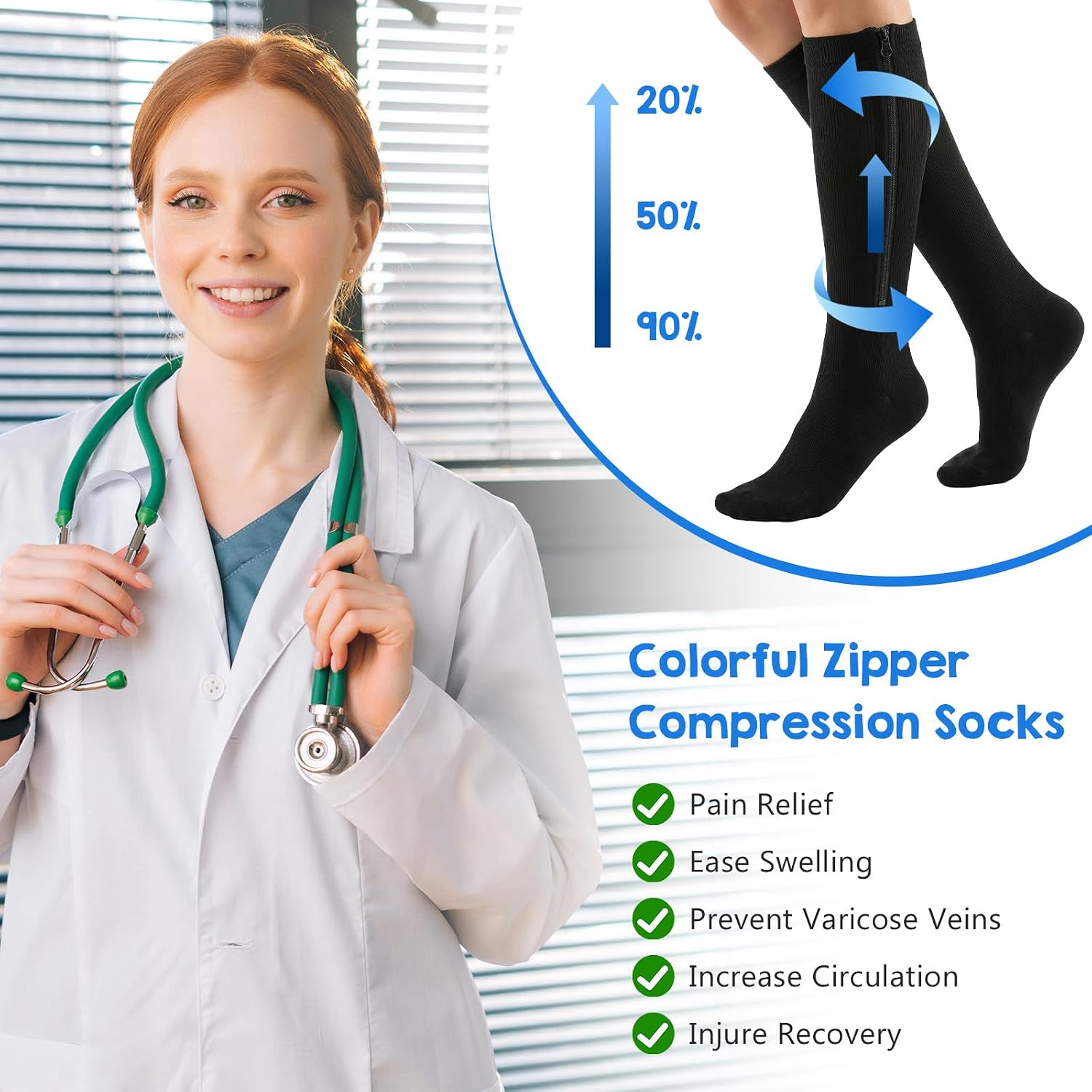 Kifmurase 6 Pairs Zipper Compression Socks, Knee High Compression Stockings for Women & Men, Closed Toe 15-20mmhg Calf Knee High Stocking for Swelling Edema