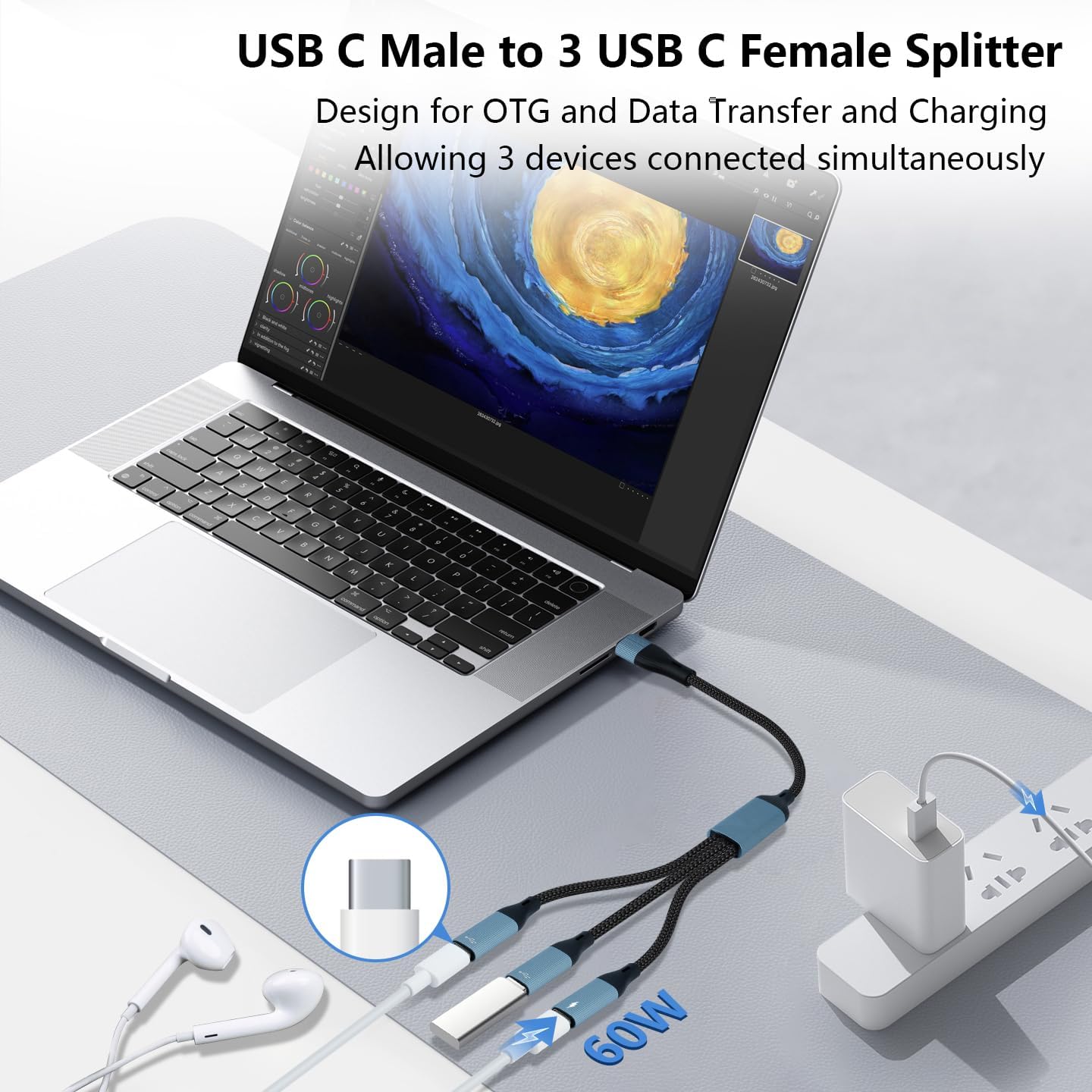 USB C to Three USB C Female OTG & Data and Charger Splitter Cable, 3 in 1 Type C Headphone Adapter OTG Data Cable with PD 60W Charging Compatible with MacBook Air/Pro, iPad Pro/Air, iPhone 17/16/15