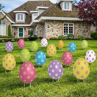 VictoryStore 24-Pack Jumbo Easter Egg Yard Signs, 9.6 Inches By 12 Inches, 2 Sided Colorful Spotted Eggs, Includes Stakes