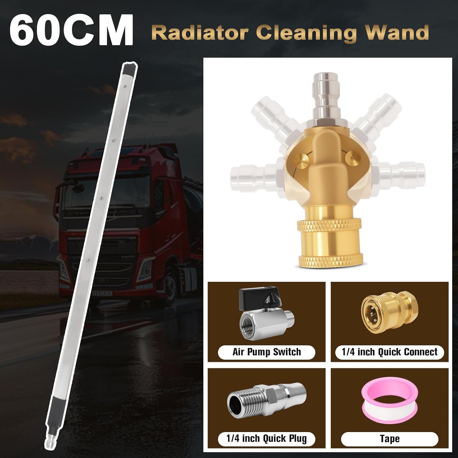 24" Radiator Cleaning Wand with 4 Nozzle Tips, 4500 PSI Dual-Use Stainless Steel Pressure Washer & Air Pump Cleaner Wand, Quick Coupler & Valve Switch for Car, Truck, RV