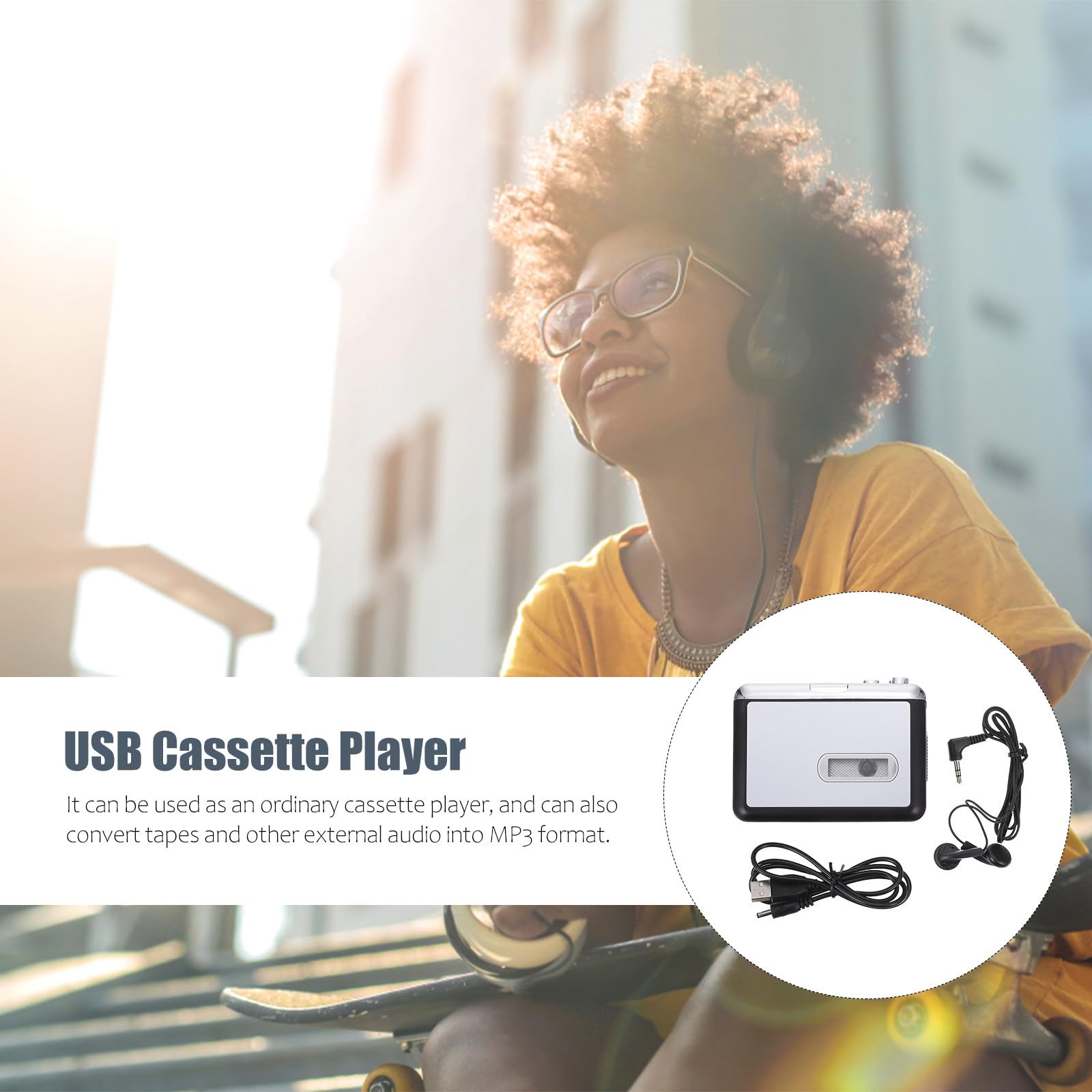 ORFOFE Lettore Tape-to-MP3 Convertitore USB in Plastica Argento, Funzione di Conversione Audio Diretta su USB, Alimentato a Batterie AA, Adatto per Appassionati di Musica