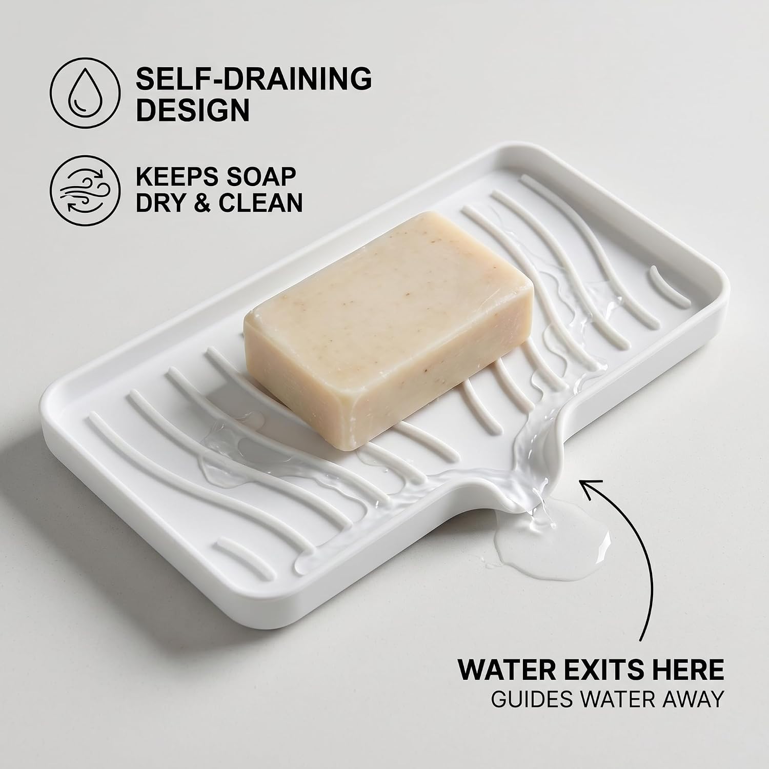 Silicone Soap Dish Tray with Drain, Large 10" x 5.2" Self-Draining Soap Holder for Bathroom Vanity and Kitchen Counter, Non-Slip Vanity Organizer for Standard & Oversized Bars (White)