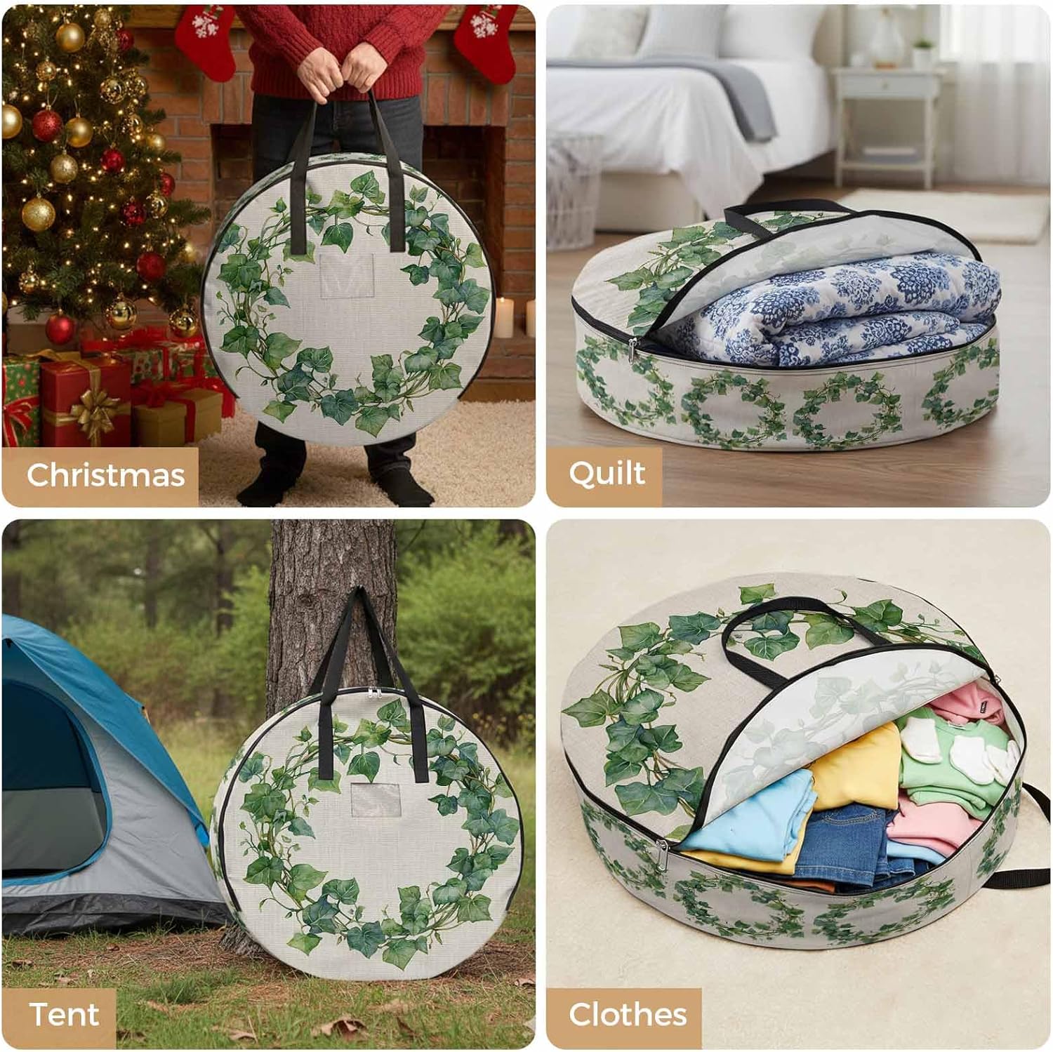 Spring Plant Round Storage Bag 36 Inch, Green Circle Flower Linen Texture Clothes Storage Container with Handles Heavy Duty Organizer for Comforter, Bedding & Holiday Wreaths