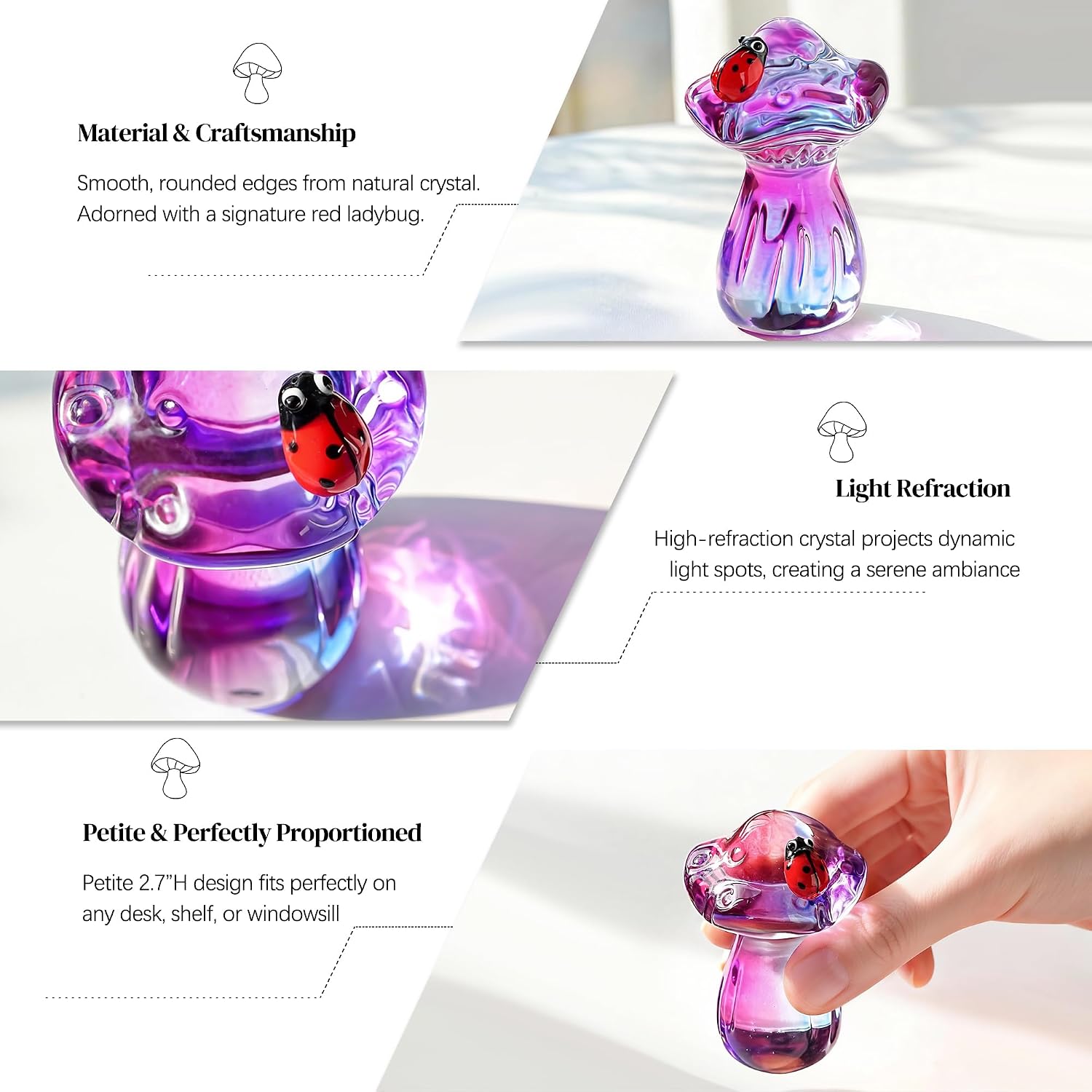 H&D HYALINE & DORA Crystal Mushroom Ladybug Figurine Handmade Glass Plant Figurine Collectible Kitchen Decor Mushroom Gifts for Women (Purple)