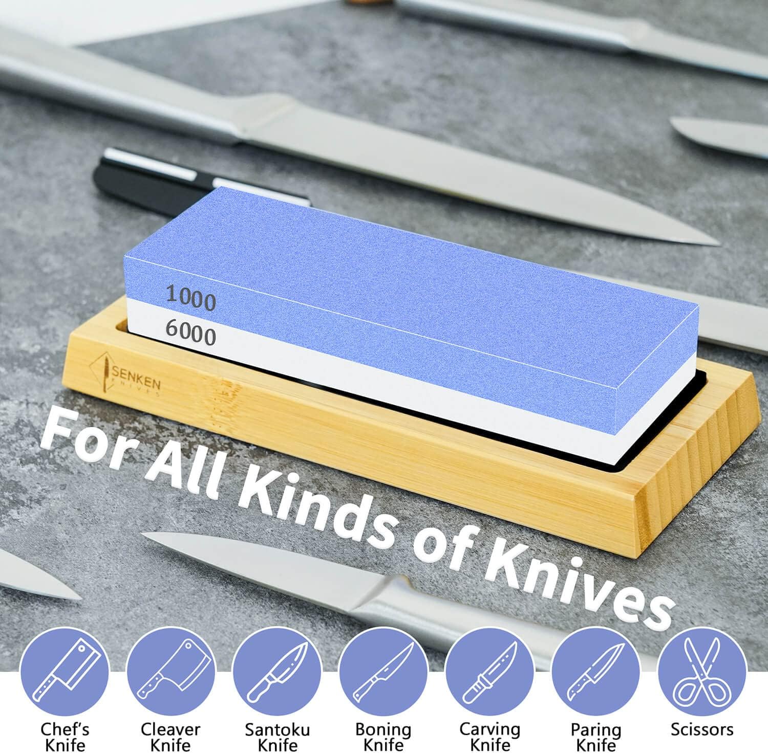 SENKEN 1000/6000 Grit Japanese Whetstone Kit Knife Sharpening Stone with Angle Guide and Wooden Holder - Dual Function Sharpen & Hone Kitchen Knives and Tools, Includes Non-Slip Bamboo Base