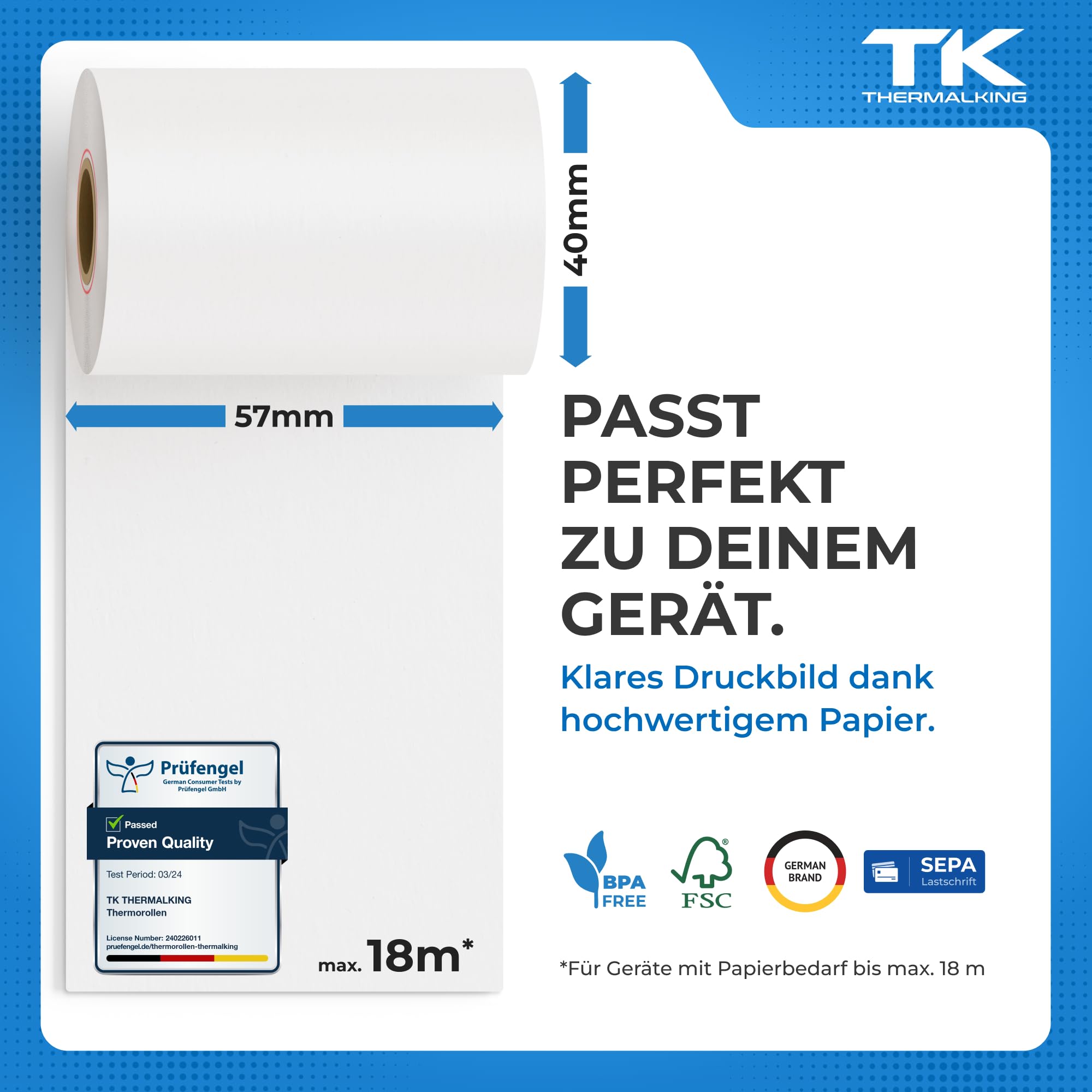 THERMALKING EC Cash Rollen Thermopapier 57mm x 40mm x 12mm - Thermorollen 57x40x12 für EC & Kredit-Kartenlesegeräte - Bonrollen mit SEPA-Lastschrifttext - Für Systeme bis 18m Papierbedarf (50 Stk)