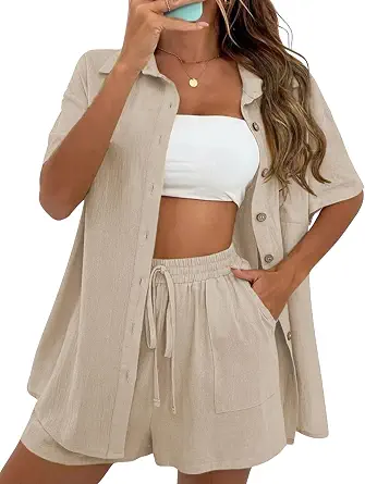Women's Linen Shorts Sets 2 Piece Summer Short Sleeve Top and Shorts