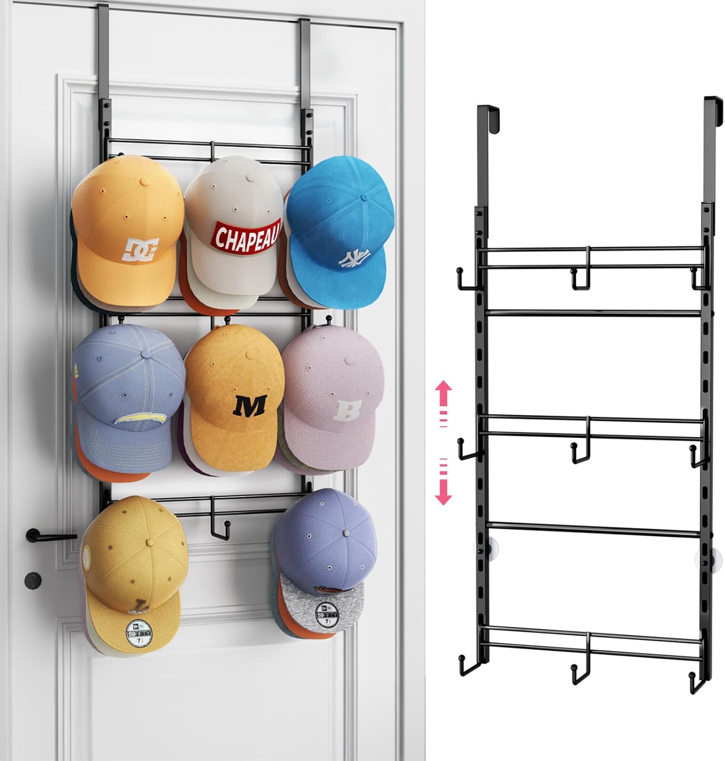 SWTYMIKI Over Door Hat Organizer - 3 Tier Metal Adjustable Wall Mounted Hat Rack with 9 Hooks Design, Hanging Baseball Cap Organizer Storage Holds up to 27 Caps for Door, Bedroom, Closet black 3 Tier