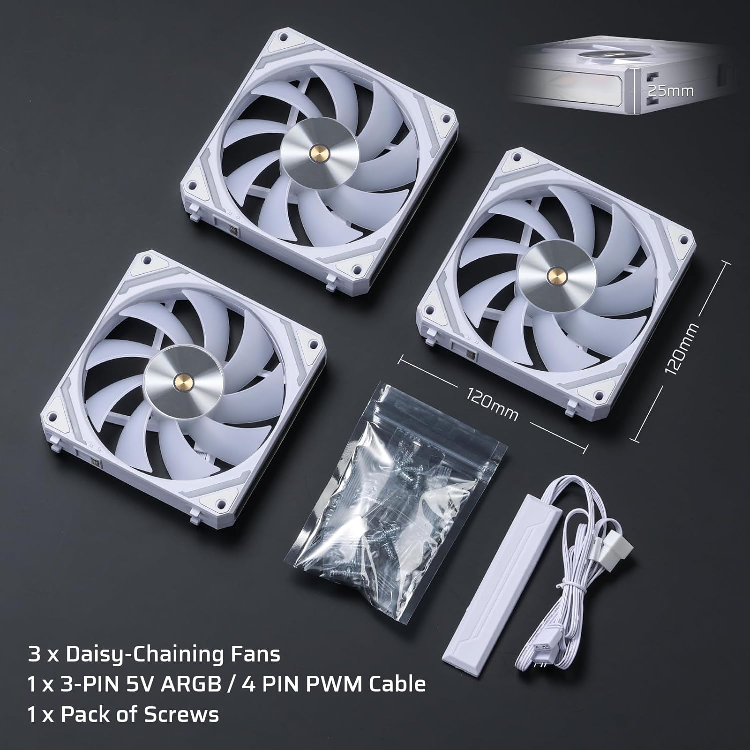 LTC CF-121D 120mm PC Case Fan, Daisy-Chain Connection, 5V 3Pin ARGB Lighting, 4 Pin PWM Case Fan, for Radiator/Computer Case Cooling, 120x120x25mm, 3 Pack, White
