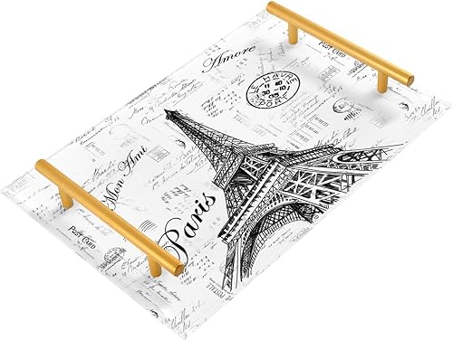 Bandeja rectangular de acrílico con asas de la torre Eiffel de París, organizador de encimera para decoración del hogar, 11.8 x 7.87 pulgadas