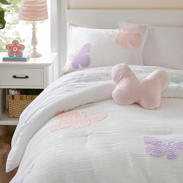 Intelligent Design Intelligent Design Kids Girls Butterflies Multi Twin Comforter Set, 3pc | Children Bedding, Back to School, Tufted Chenille, Pink Polka Dot, Reversible, Machine Washable, Easy Care, Twin Comforter, Multicolor
