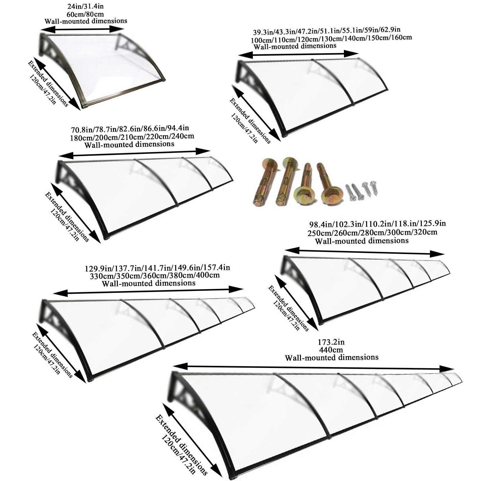 Gebogenes Markisendach for Türfenster, transparentes Vordach for die Vordertür, Markisendach for Terrassentürfenster, Markisendach for Fenstertüren, for Veranda, Dach(120cm/47in*300cm/118in)