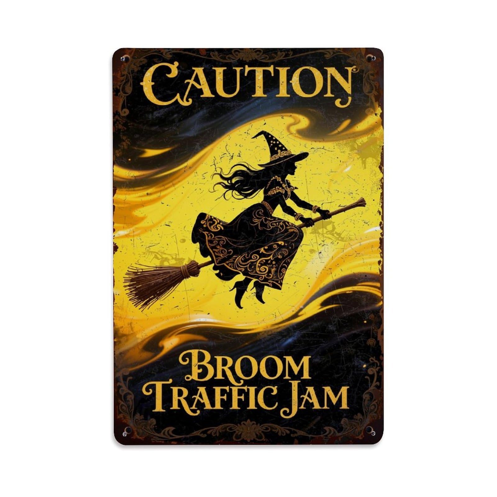 Jdyaojiesheng Vintage Witch Flying On Broom Yellow And Black Background Caution Sign Tin Sign Retro Metal Wall Decor Metal Poster, Home Bar Garage Farmhouse Cafe Wall Art Decoration 8X12inches