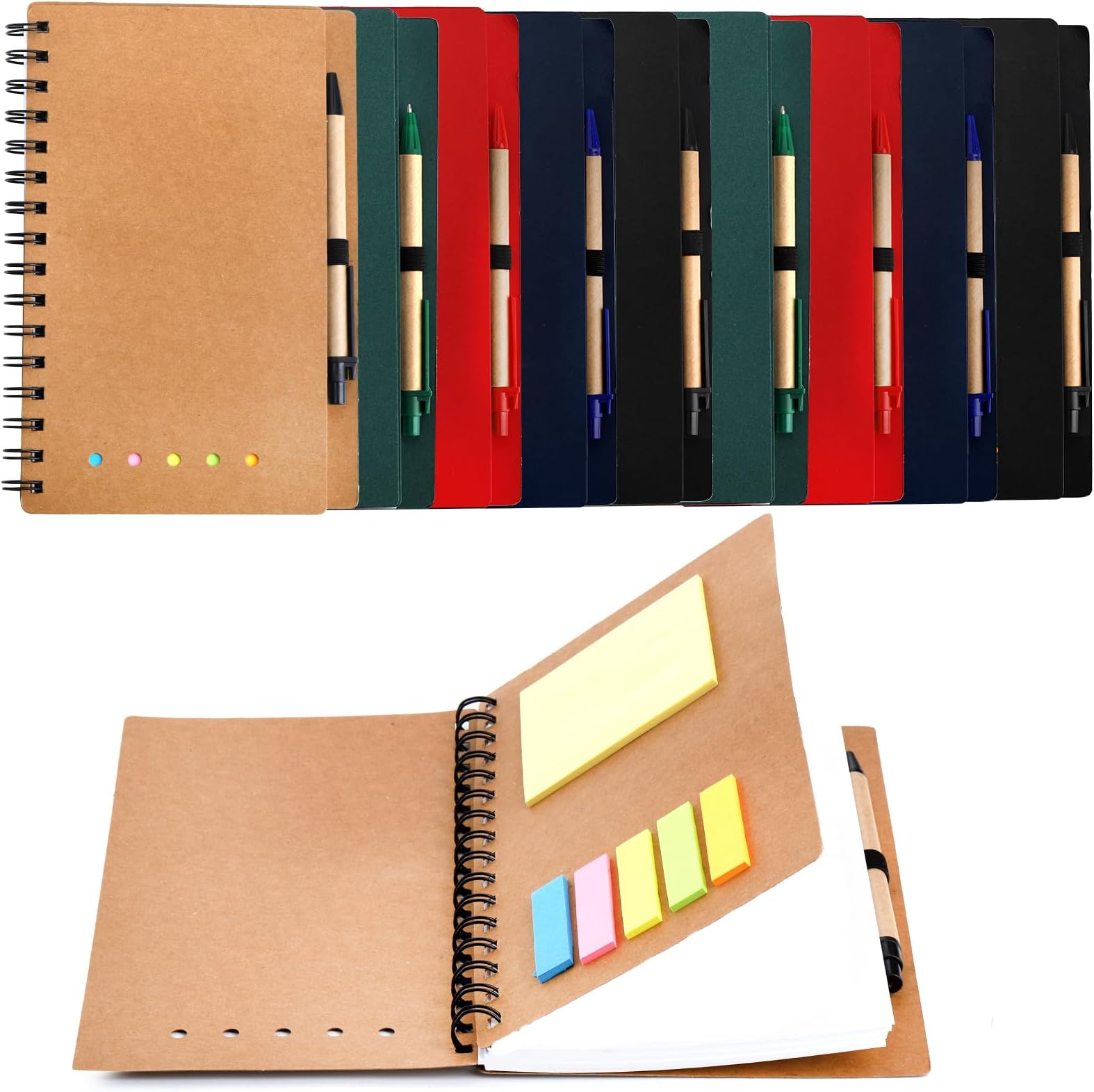 SOUJOY 10 Pack Lined Spiral Notebook, A5 Notepad with Pen, Kraft Paper Notebook with Sticky Notes and Page Marker Colored Index Tabs for School Office