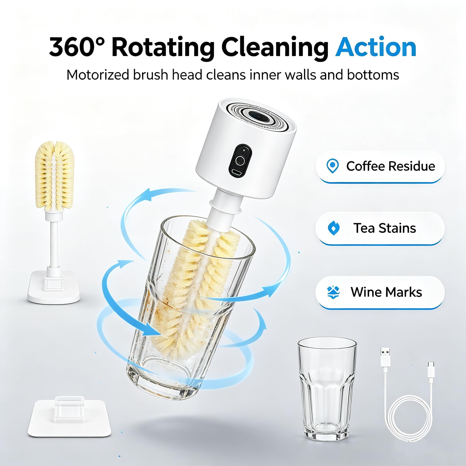 Elektrischer Tassenreiniger, 360° Rotierende Bürste für Gläser & Becher, Flaschenreiniger mit 2 Bürstenaufsätzen, Kratzfeste Reinigungsbürste für Tassen, Thermobecher, Edelstahl & Keramik，2 Stück