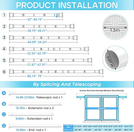 Spring Tension Curtain Rod 32-76 inch, Adjustable Expandable Tension Curtain Rod No Drilling, Tension rods for Window Doorway Kitchen Curtain, White